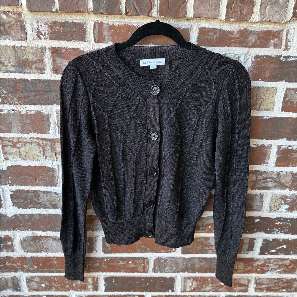 See by Chloe Black Metallic Argyle Cardigan Sweater Size 6